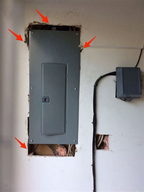 drywall around electrical fuse box panel|fixing drywall around electric panel.